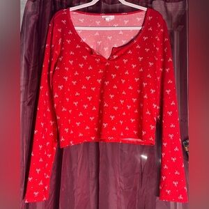 NEW Long Sleeve Red Ribbon Bow Slit Neck Pajama Top Colsie Size Small NEVER WORN